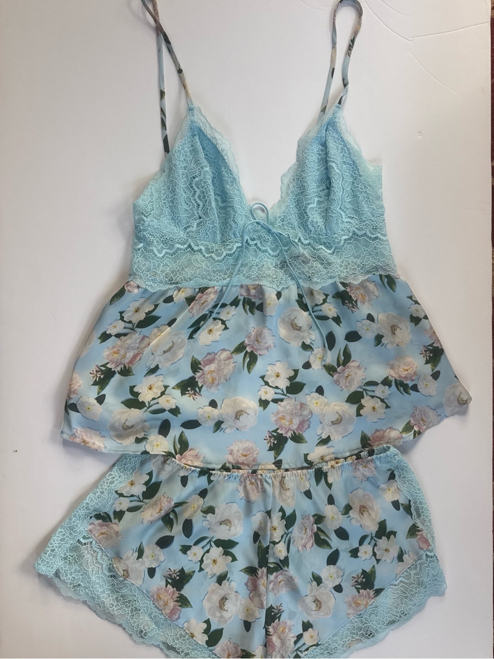 VICTORIA'S SECRET STRETCH Blue LACE & SATIN CAMI Pajama Lounge SET FLORAL Xs